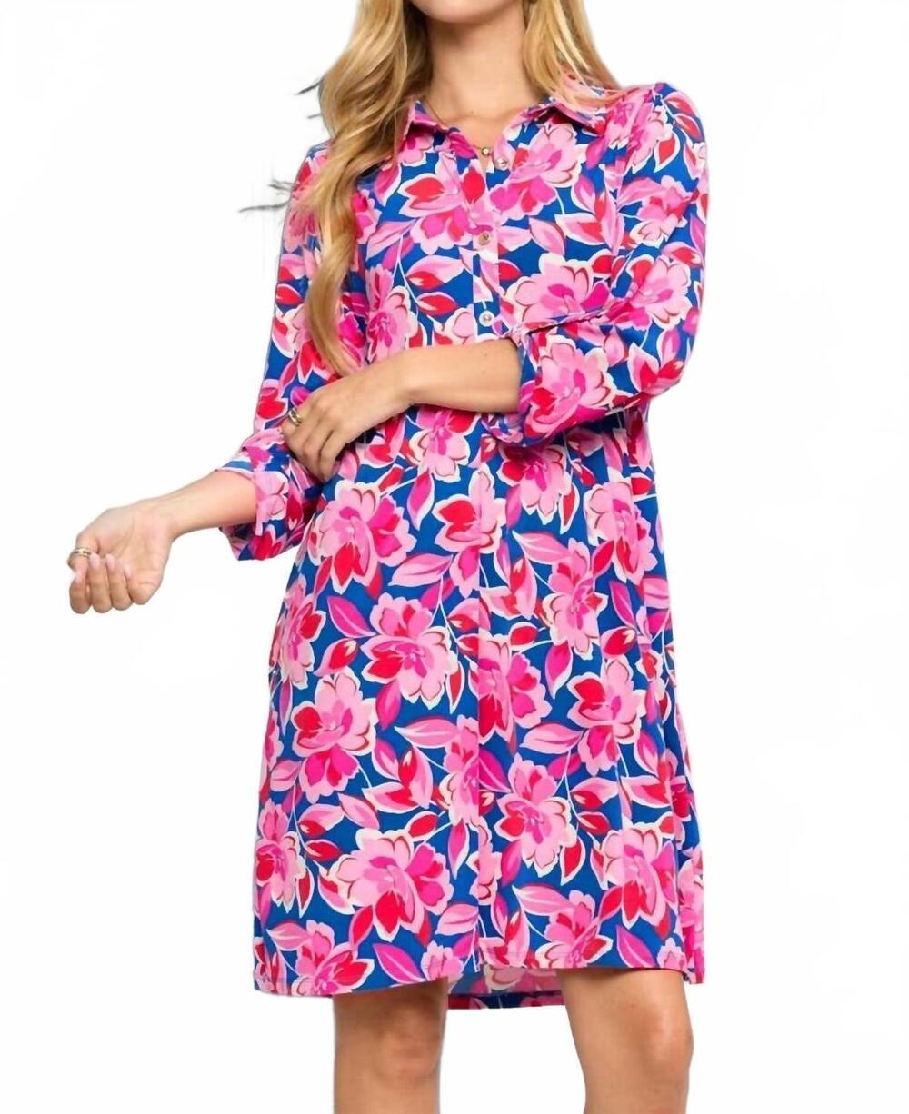 NEW DEAR SCARLETT floral print collared shirt dress in royal blue